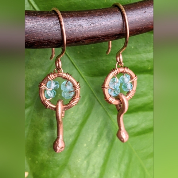 Blue Apatite Gemstone Earrings Artisan Crafted Copper Design - Picture 6 of 8